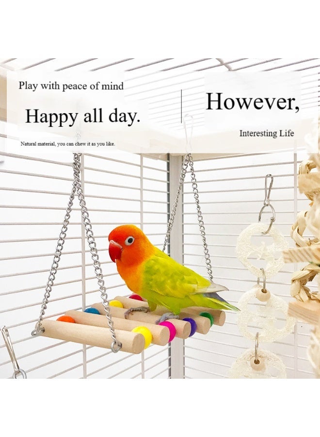 Oldzhan Parrot Toy Set, Natural Wood Color Combination Set, Parrot Play and Chew Toys, Colorful Beads, Swing, Climbing Ladder, Bird Supplies (8-piece Set) - Image 2